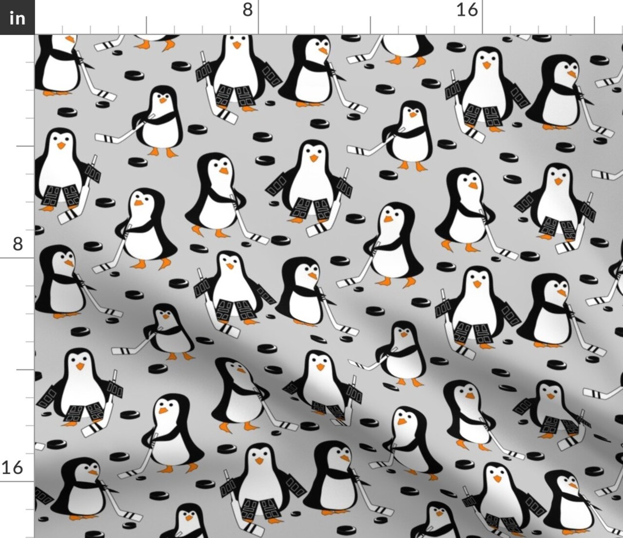 Penguin Hockey Black Gray Sports Cartoon Custom Printed Fabric by Spoonflower Various Fabrics by the Yard or Fat Quarter